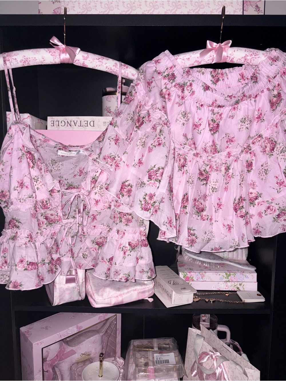 Altar’d State pink floral open front tie tank top and ruffle mini skirt